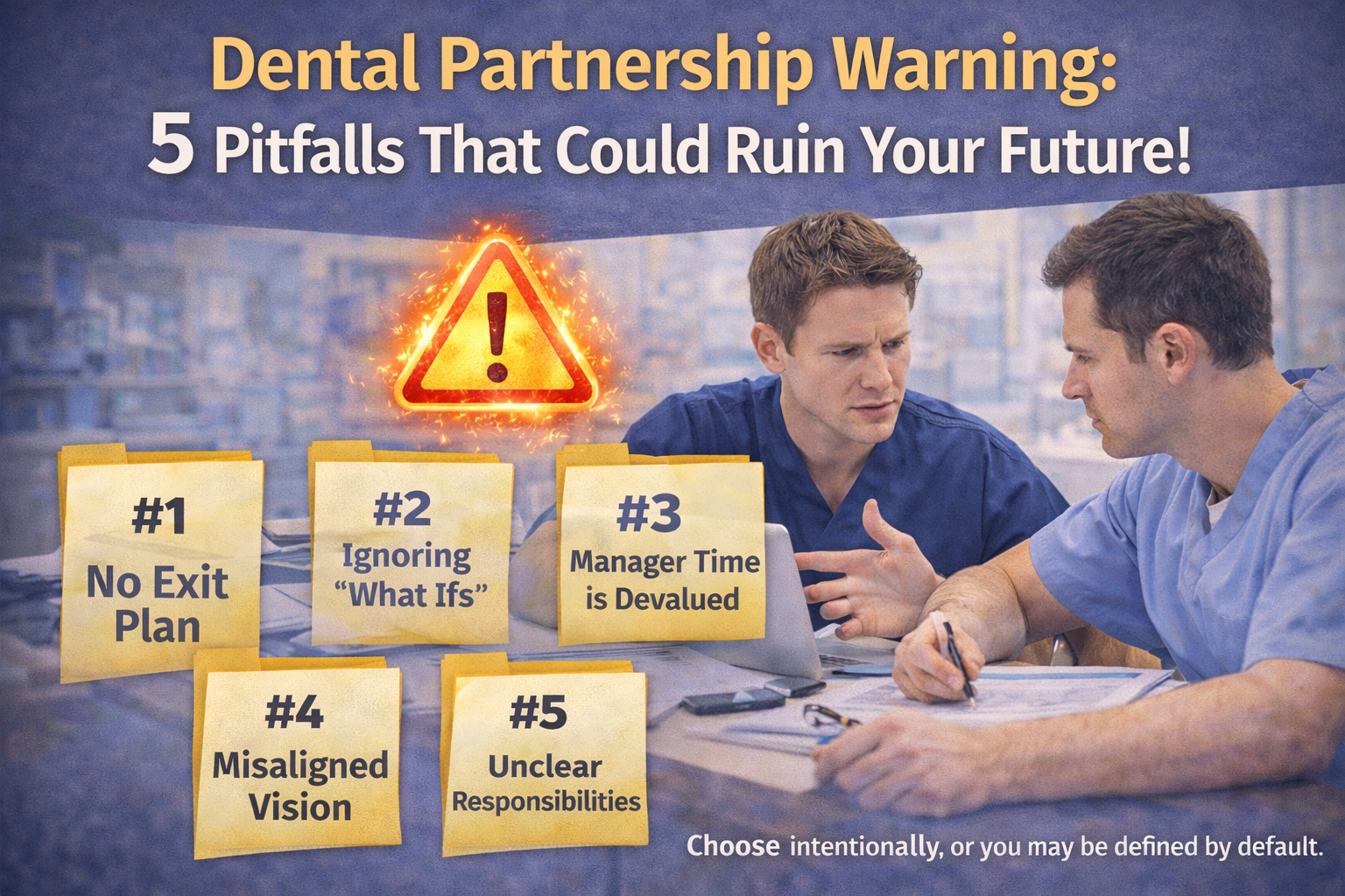 Dental partnership warning showing two dentists discussing ownership risks and five common partnership pitfalls
