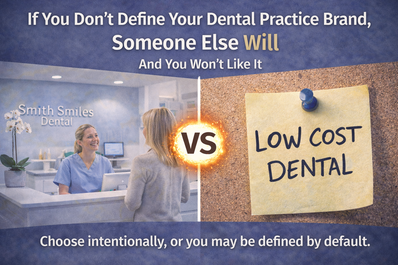 Dental practice branding comparison showing intentional brand versus low-cost generic dentistry