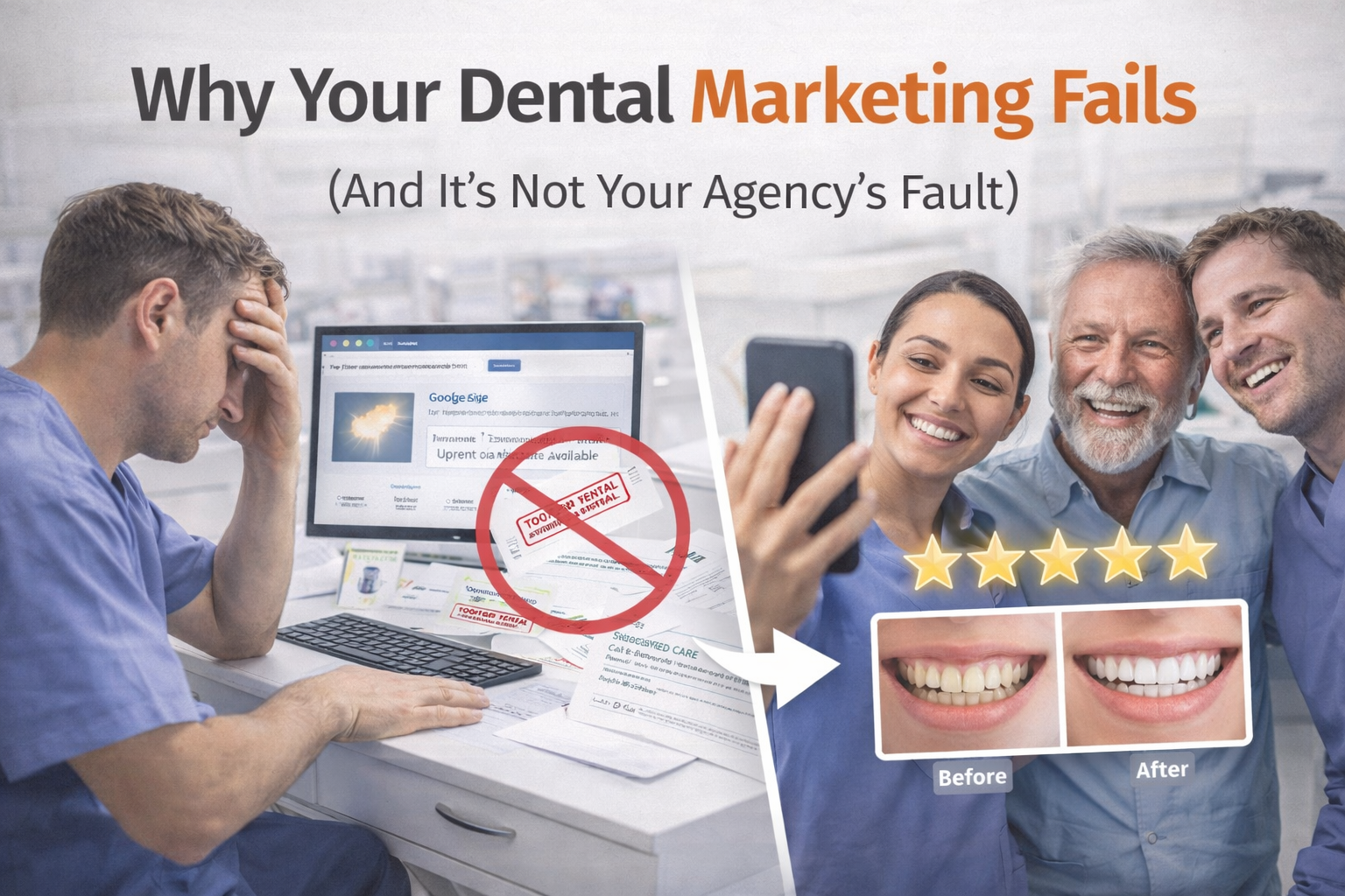 Dentist reviewing marketing performance and patient growth strategy inside a modern dental practice