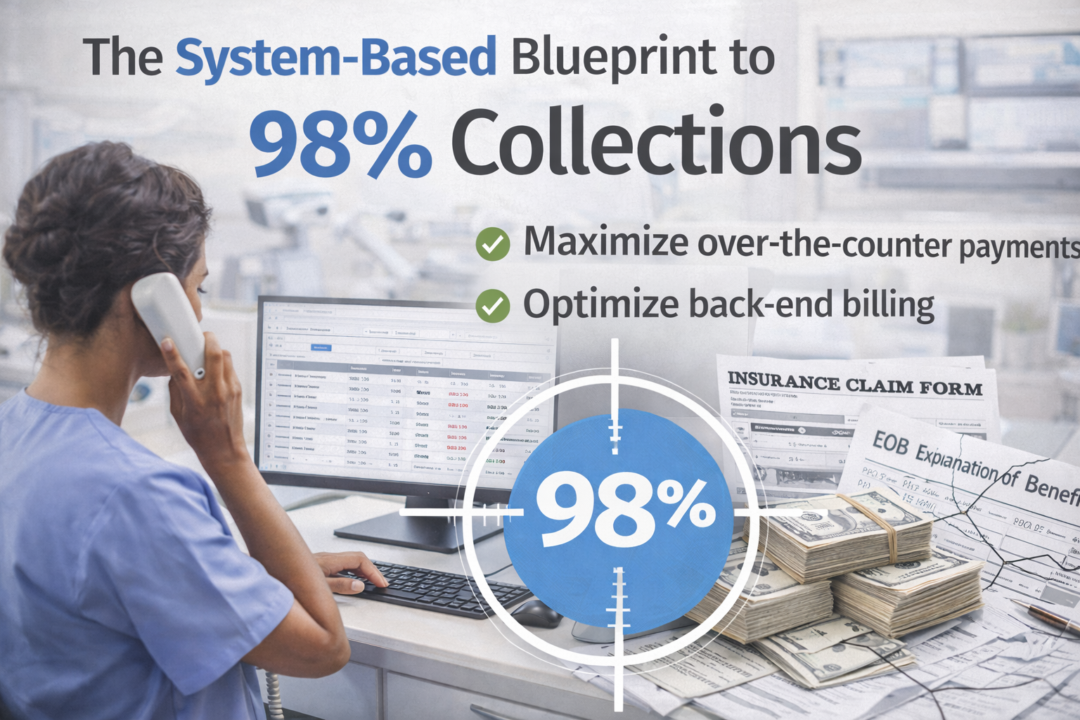Dental front office team managing insurance billing and patient payments to achieve a 98 percent collections rate in a dental practice