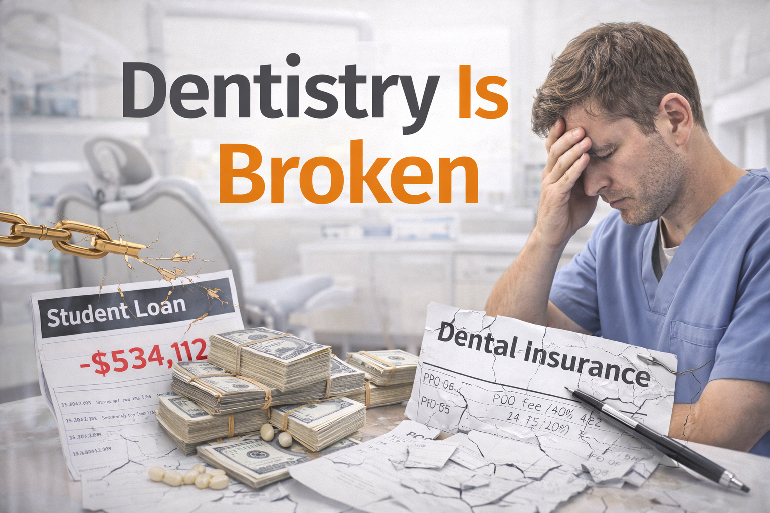 Stressed dentist in a modern dental office symbolizing rising student debt, insurance pressure, and the broken financial model of dentistry