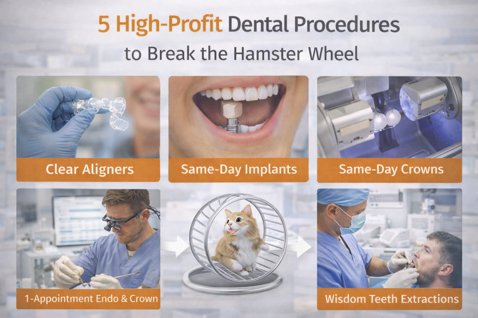 Five high-profit dental procedures including clear aligners, dental implants, same-day crowns, endodontics, and wisdom teeth extractions that help dentists increase profitability