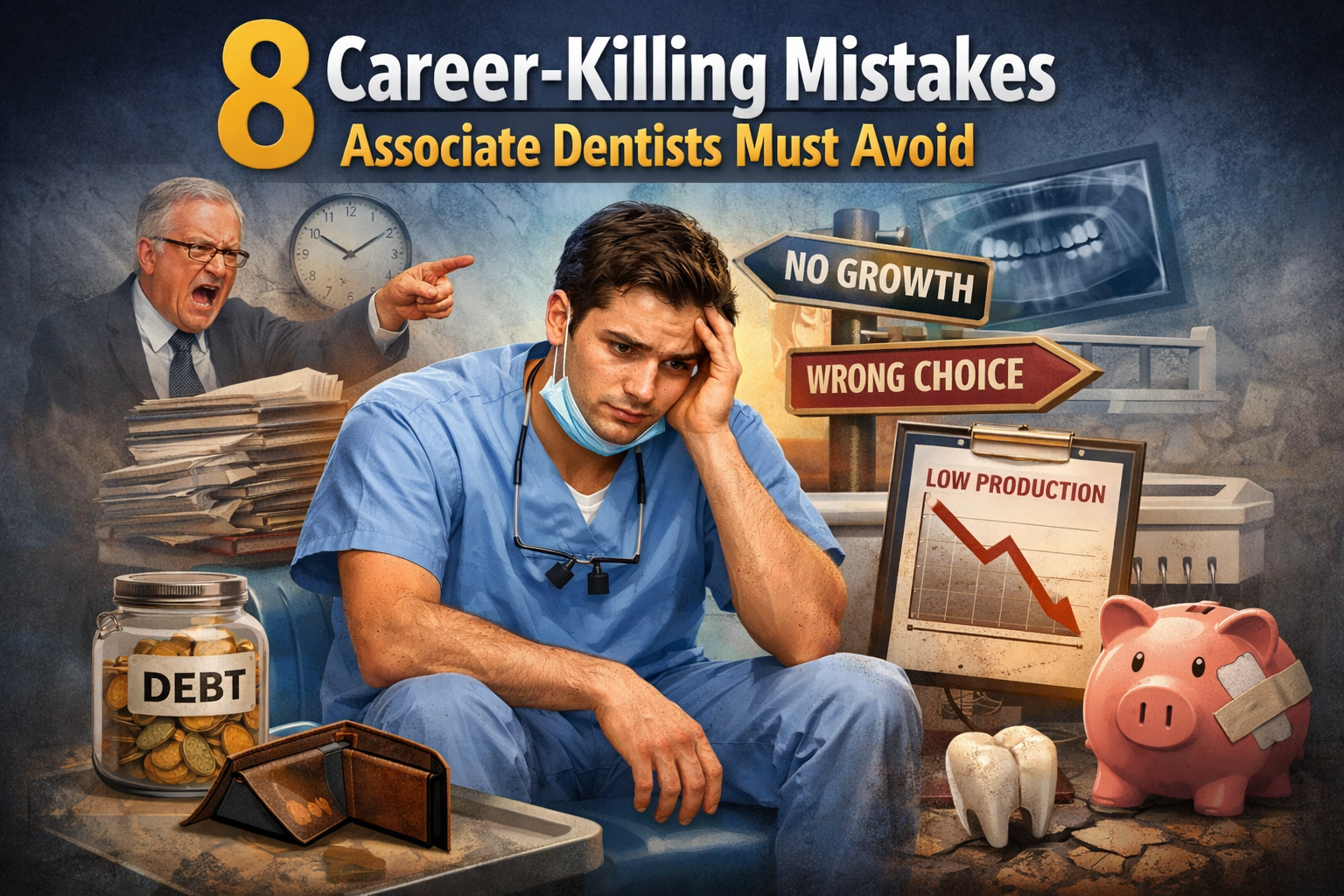 Stressed associate dentist sitting in a dental office surrounded by symbols of debt, low production, and poor career decisions, representing career-killing mistakes associate dentists must avoid