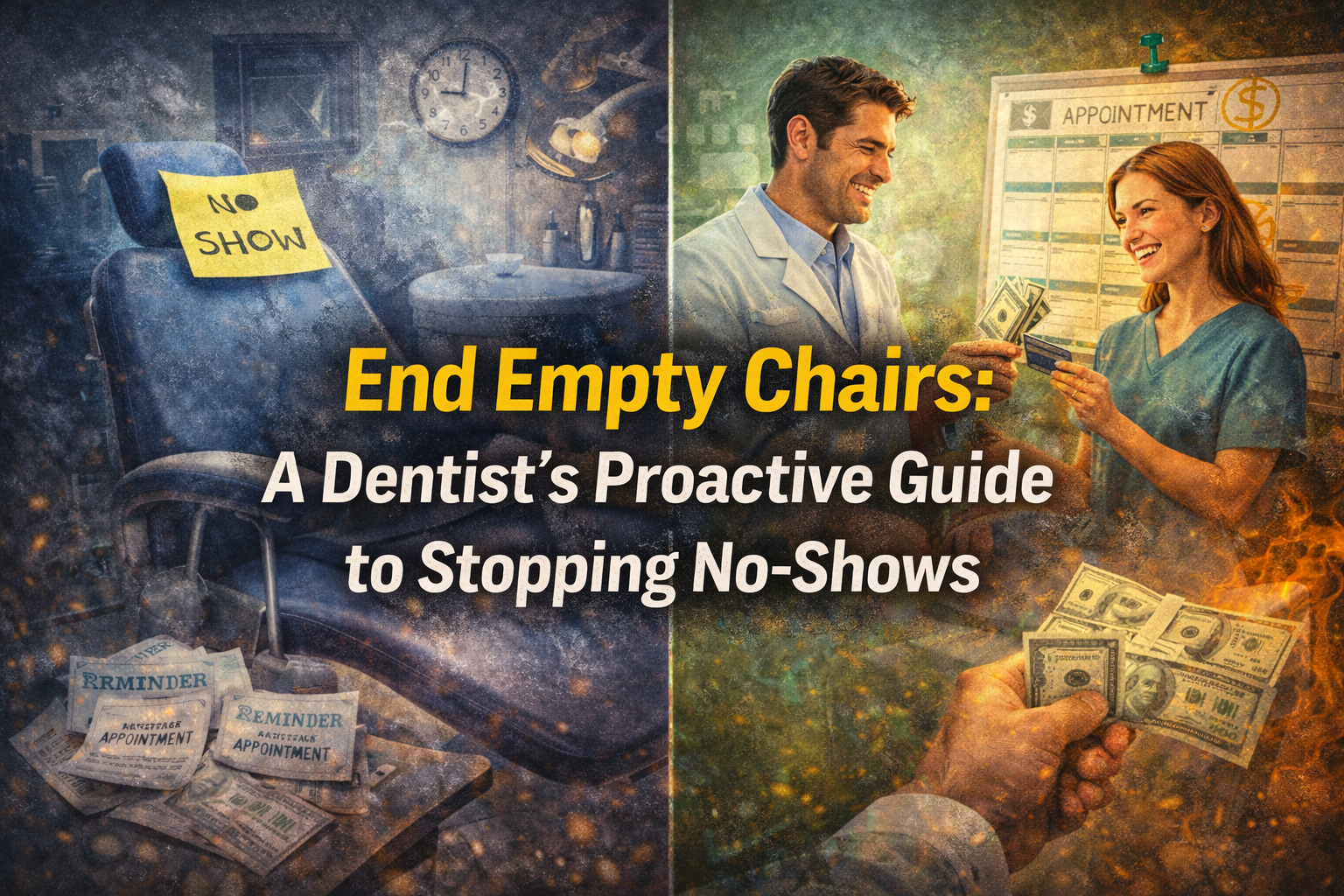 Empty dental chair marked “no show” contrasted with a dentist collecting payment from a patient, illustrating a proactive system to prevent no-shows and protect dental practice revenue