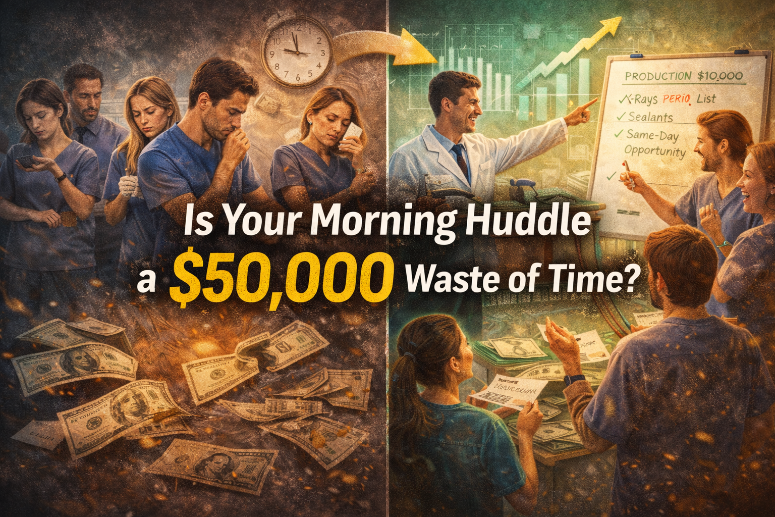 Dental team during a morning huddle contrasted between disengaged discussion and a high-performance huddle focused on production goals, illustrating how inefficient huddles can cost a dental practice $50,000 per year
