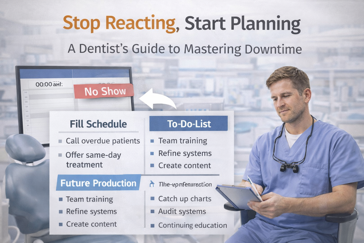 Dentist calmly planning tasks during a schedule gap instead of reacting to a no-show appointment