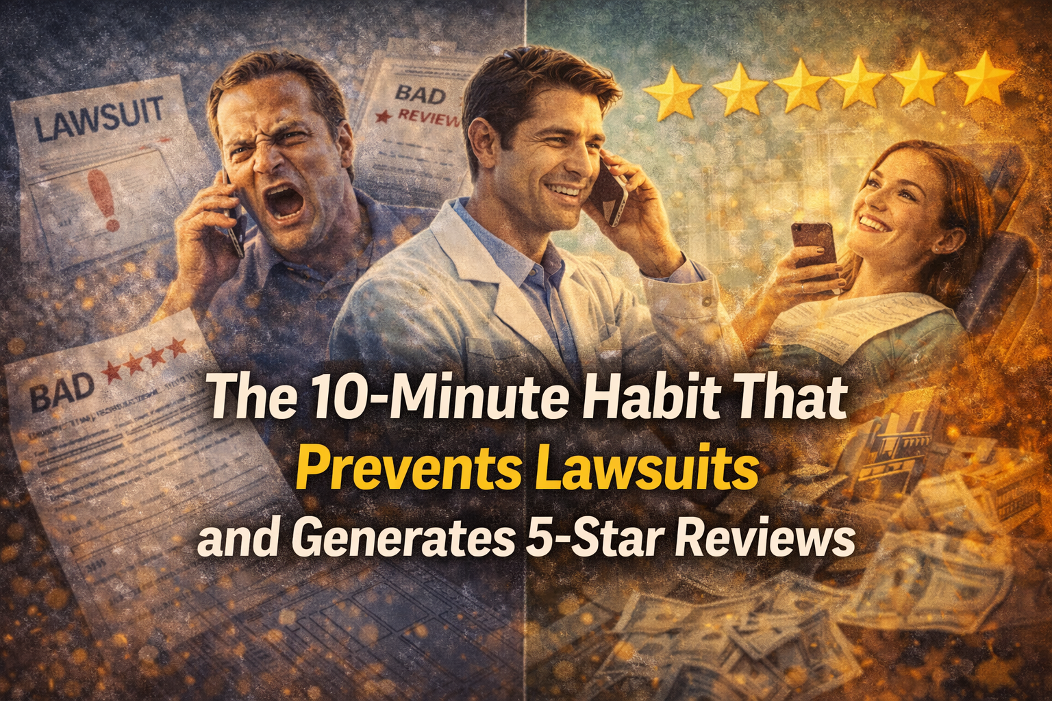 Dentist making a post-operative phone call contrasted with negative reviews and legal documents on one side and a satisfied patient leaving a 5-star review on the other, illustrating how post-op calls reduce lawsuits and improve patient satisfaction