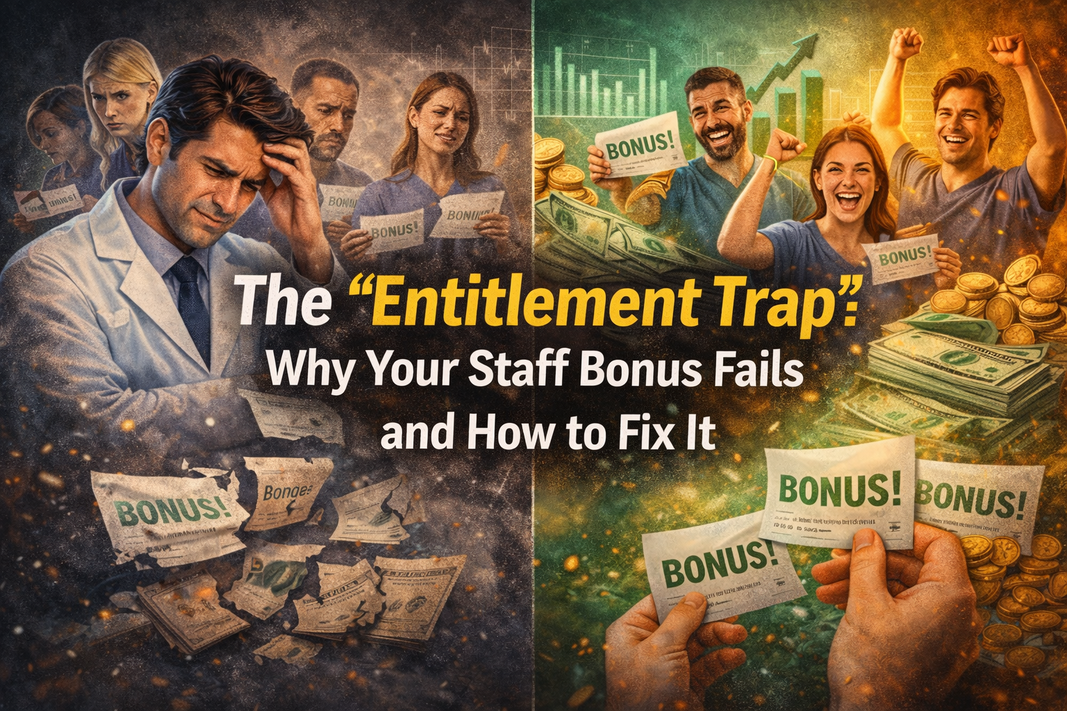 Frustrated dentist and unhappy dental team on one side contrasted with a motivated team celebrating earned bonuses, illustrating the entitlement trap and how staff bonus systems fail in dental practices
