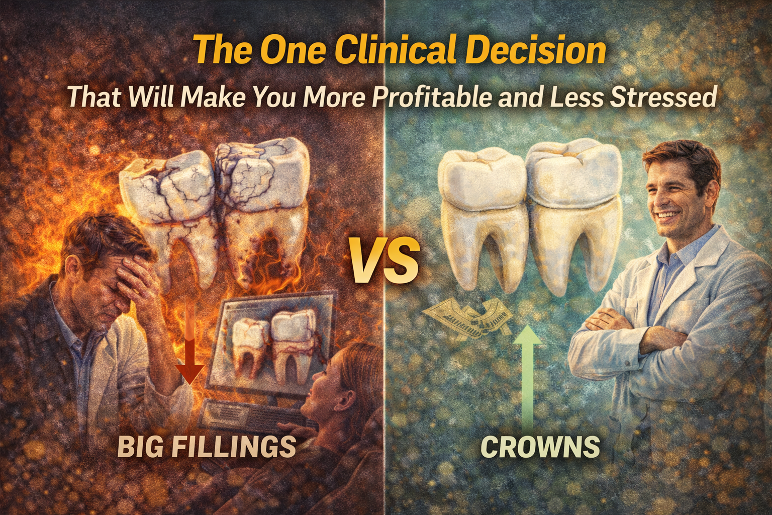 Dentist comparing large composite fillings versus crowns, showing cracked teeth and stress on one side and durable crowns with a relaxed dentist on the other, illustrating how choosing crowns improves profitability and reduces stress