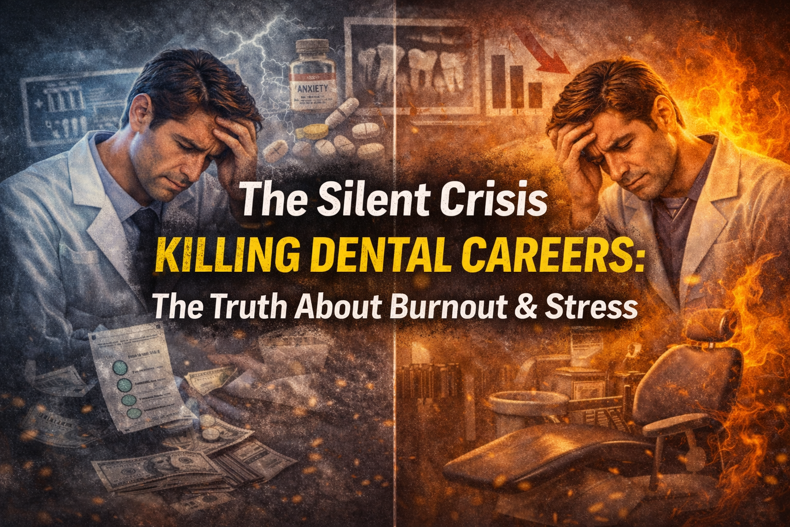 Dentist sitting in a dental operatory with head in hands, symbolizing burnout, stress, and the silent mental health crisis affecting dental professionals