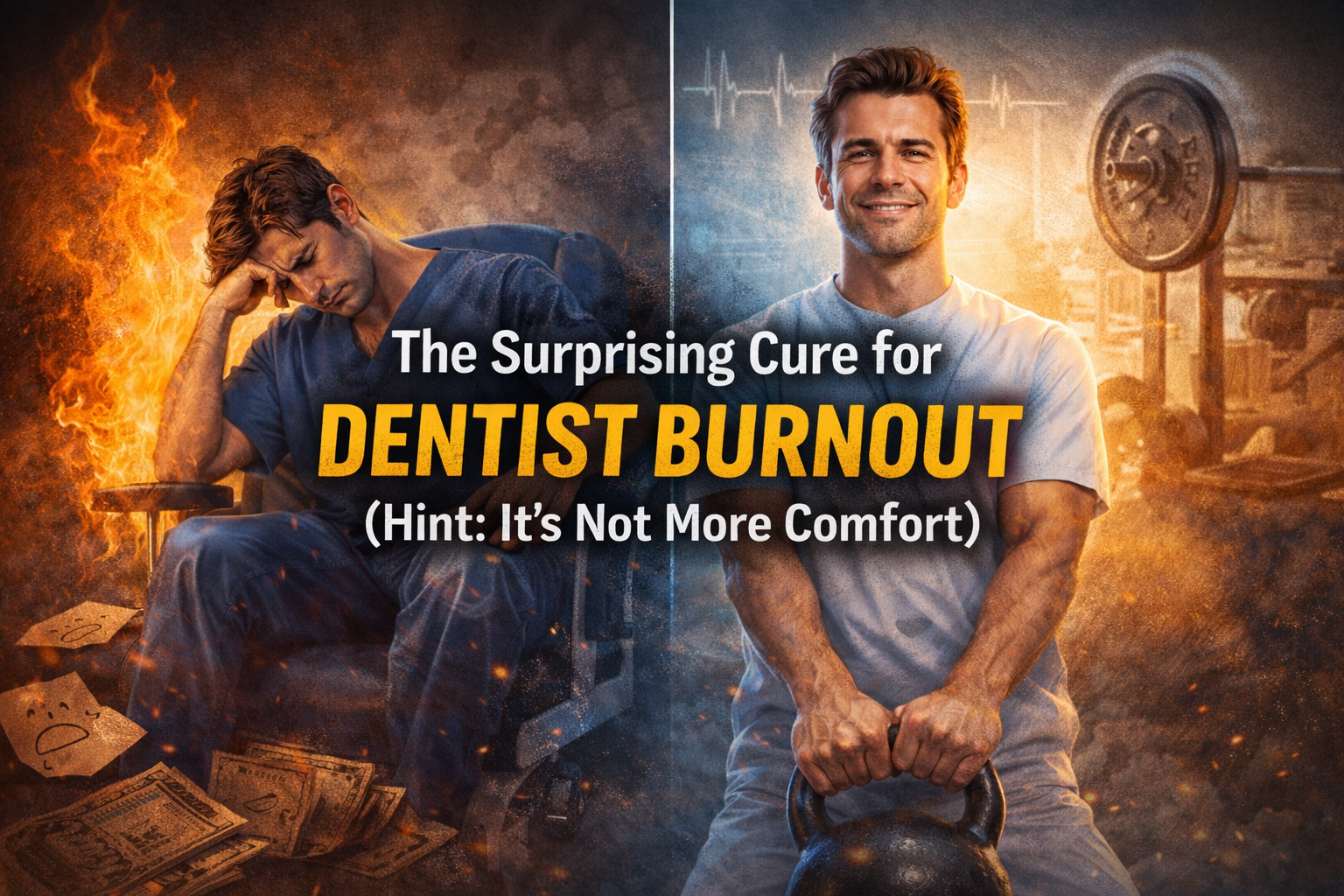 Burned-out dentist contrasted with a confident, energized dentist lifting a kettlebell, symbolizing how productive discomfort helps cure dentist burnout and restore career fulfillment