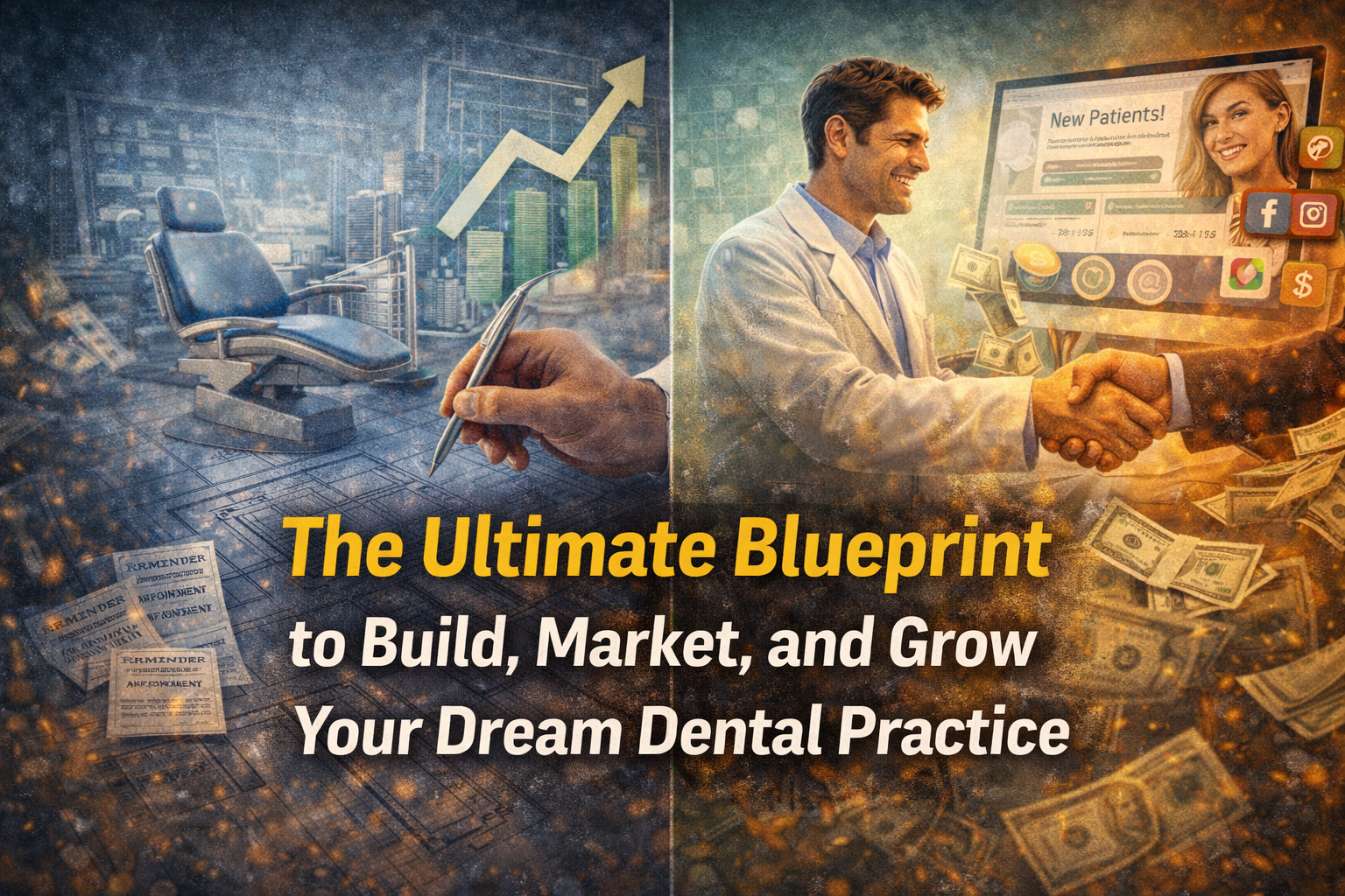Dentist planning a dental office blueprint alongside scenes of patient growth and marketing success, representing a step-by-step blueprint to build, market, and grow a dream dental practice