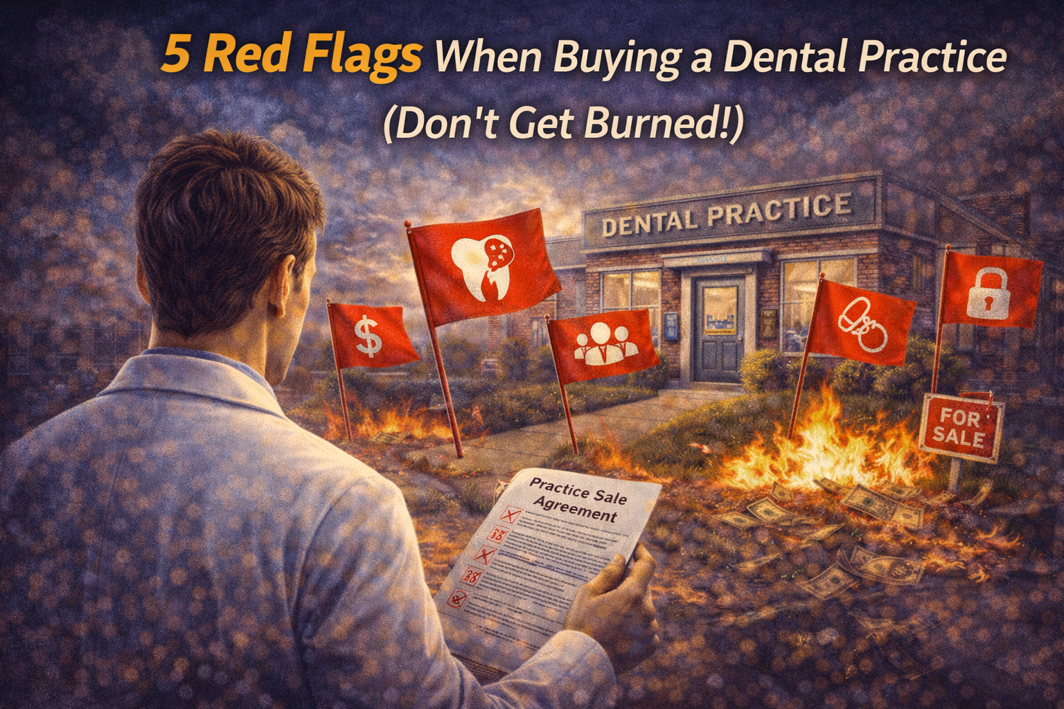 Dentist reviewing a dental practice sale with red flags highlighting common mistakes when buying a dental practice