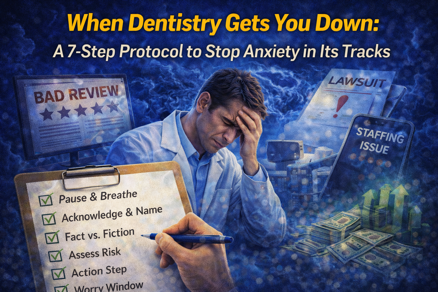 Dentist experiencing stress and anxiety from bad reviews, lawsuits, and staffing issues while following a seven-step protocol to regain calm and mental clarity
