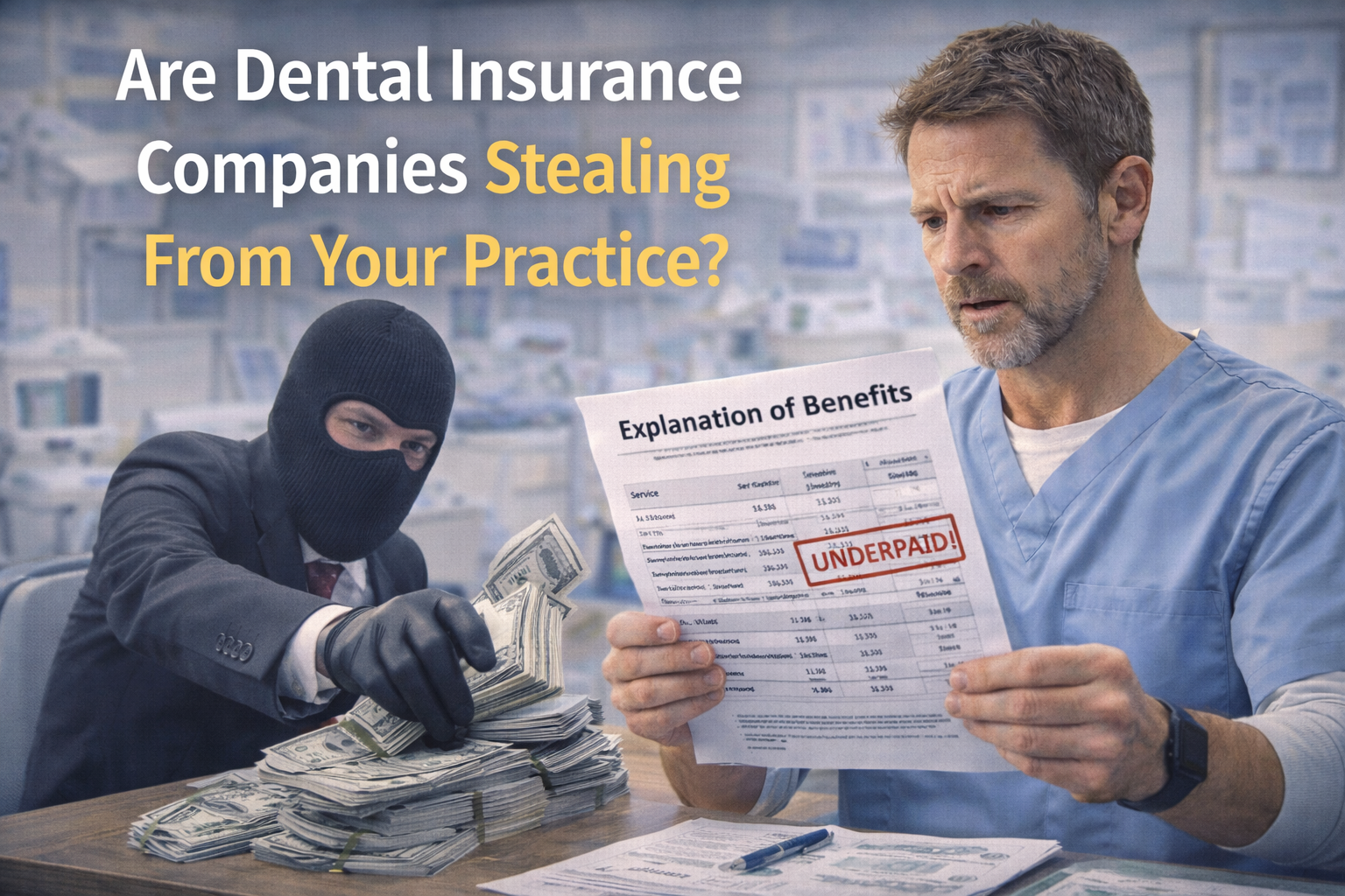 Dentist reviewing an insurance EOB showing underpayment while practice revenue is being lost to dental insurance discrepancies