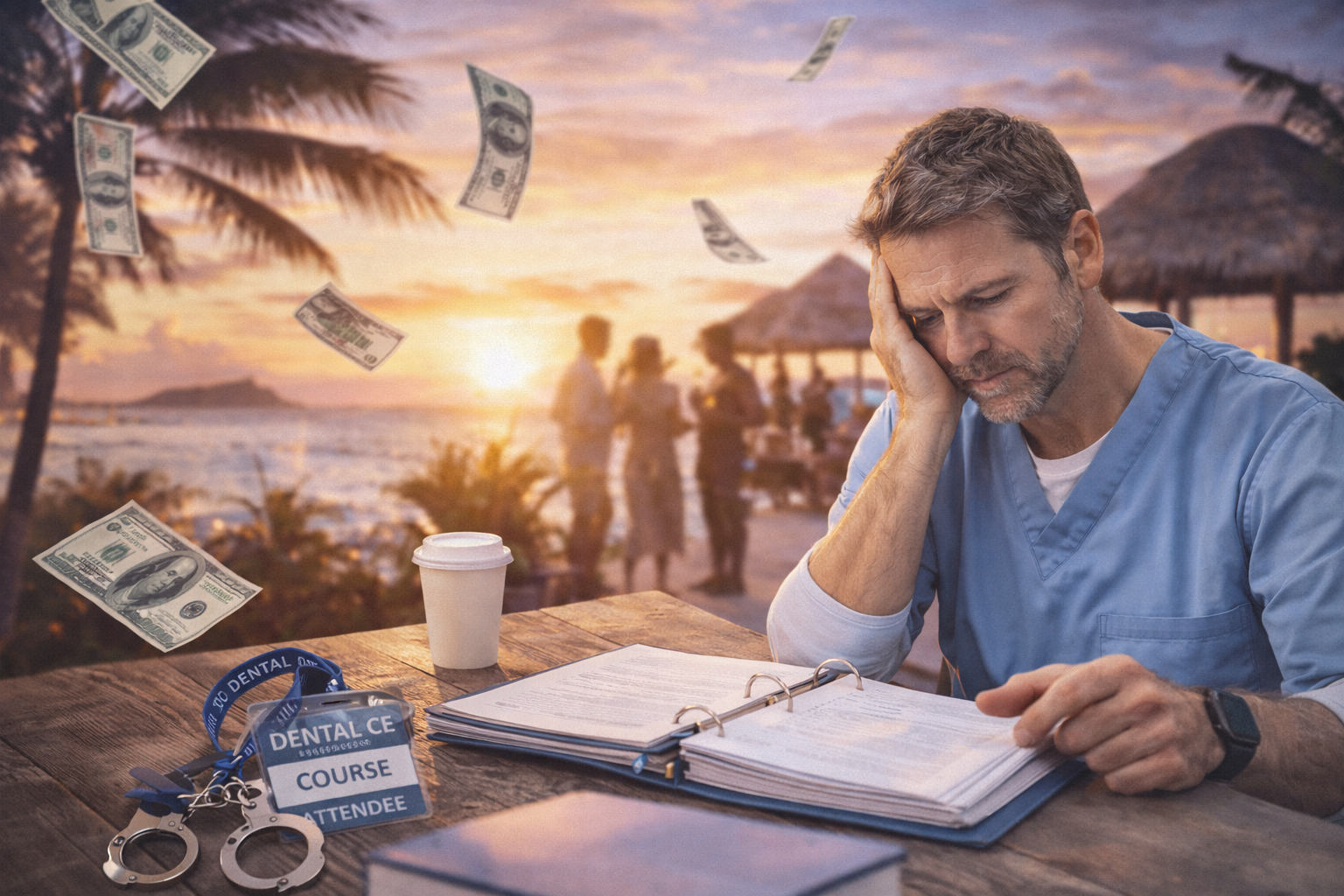 Dentist reviewing continuing education materials while questioning return on investment