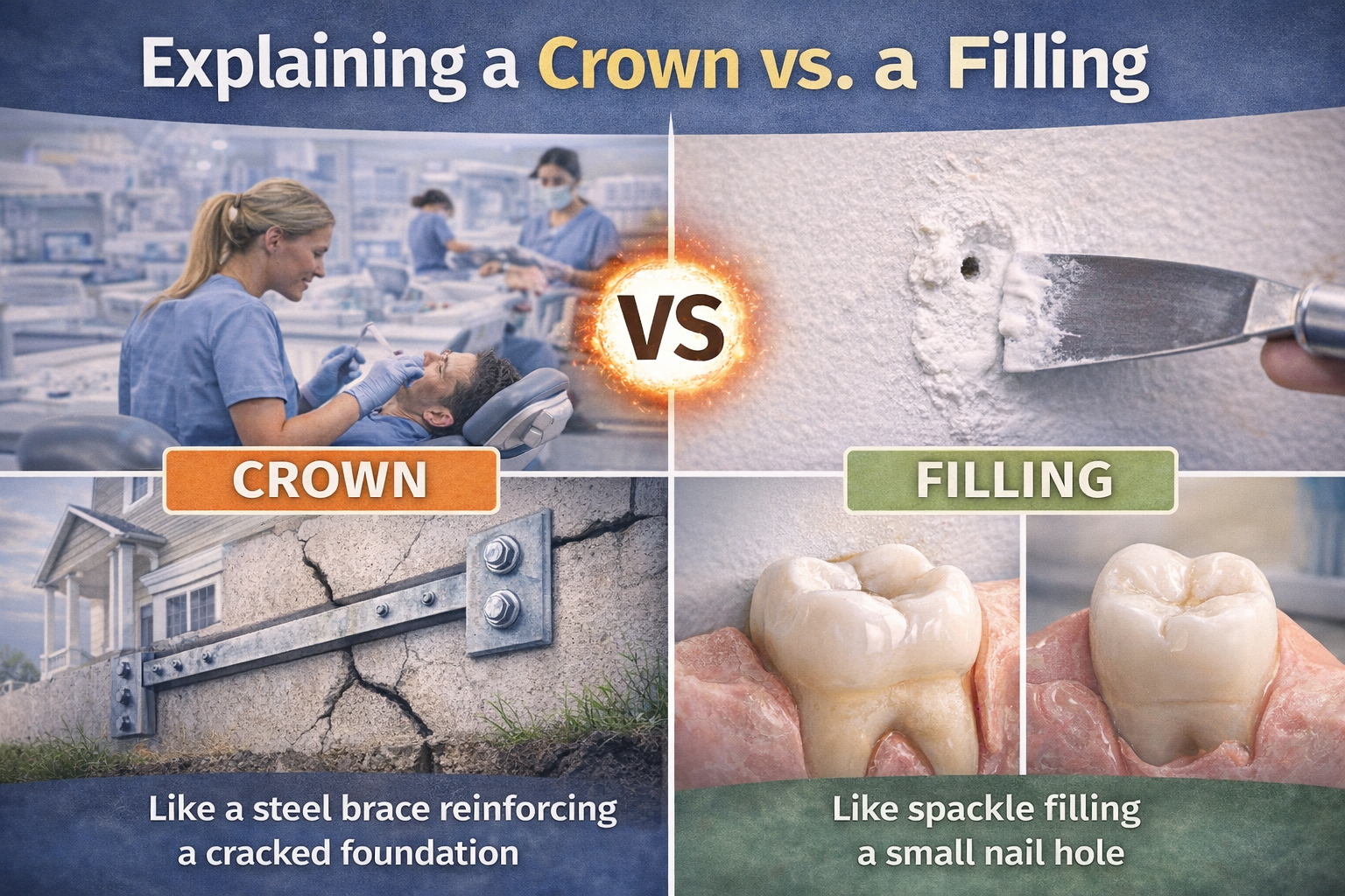 Dental crown vs filling explained using a wall and foundation analogy to help patients understand treatment decisions