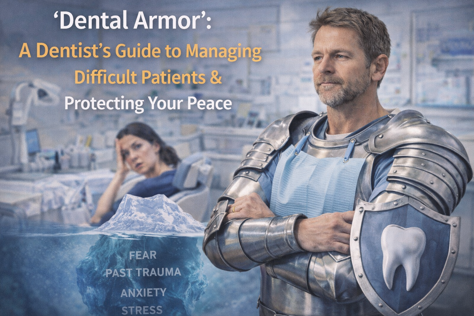 Dentist wearing symbolic armor representing emotional resilience and professional boundaries when managing difficult dental patients.