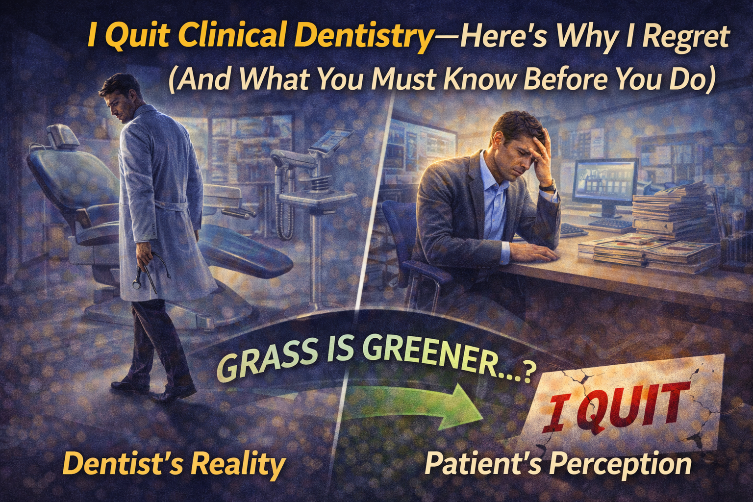 Dentist reflecting on leaving clinical dentistry, showing the emotional contrast between working in the operatory and managing multiple practices, illustrating regret and hard-earned career lessons