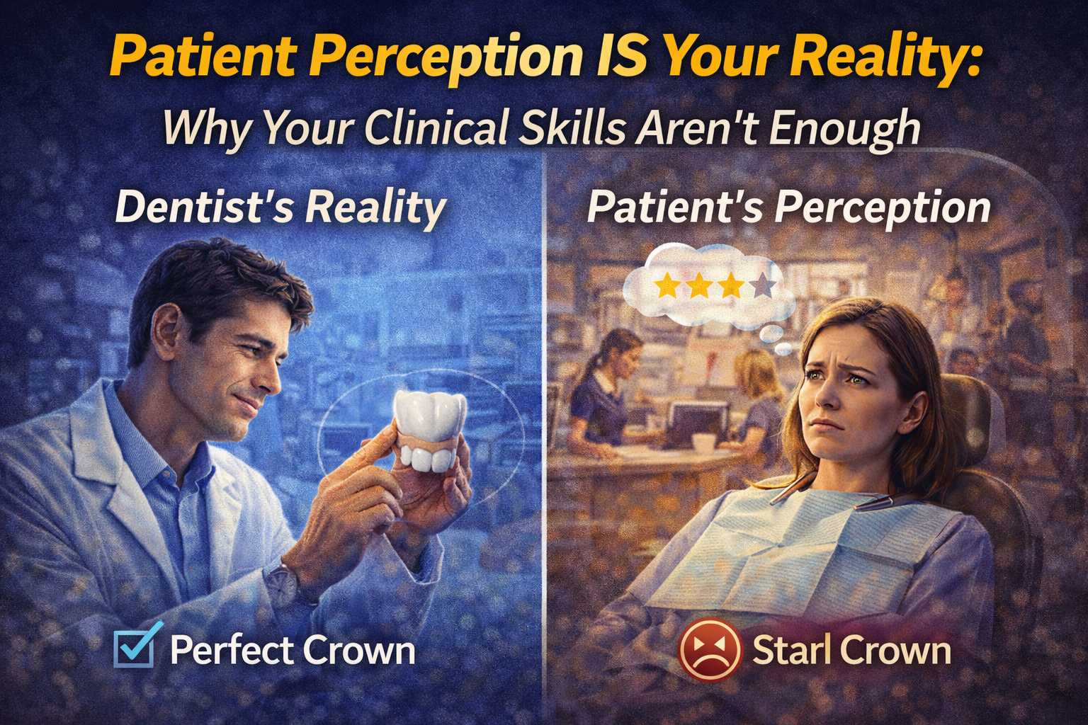 Illustration comparing a dentist’s clinical reality with a patient’s perception, showing how patient experience and emotions shape reviews and satisfaction more than technical dental skills