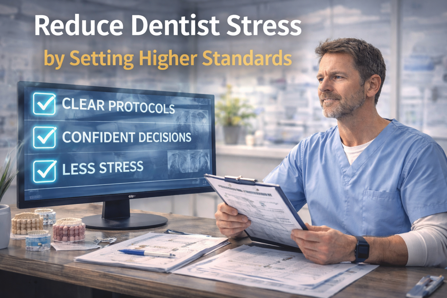 Dentist calmly reviewing x-rays and treatment plans, representing reduced stress through clear clinical standards and confident decision-making.