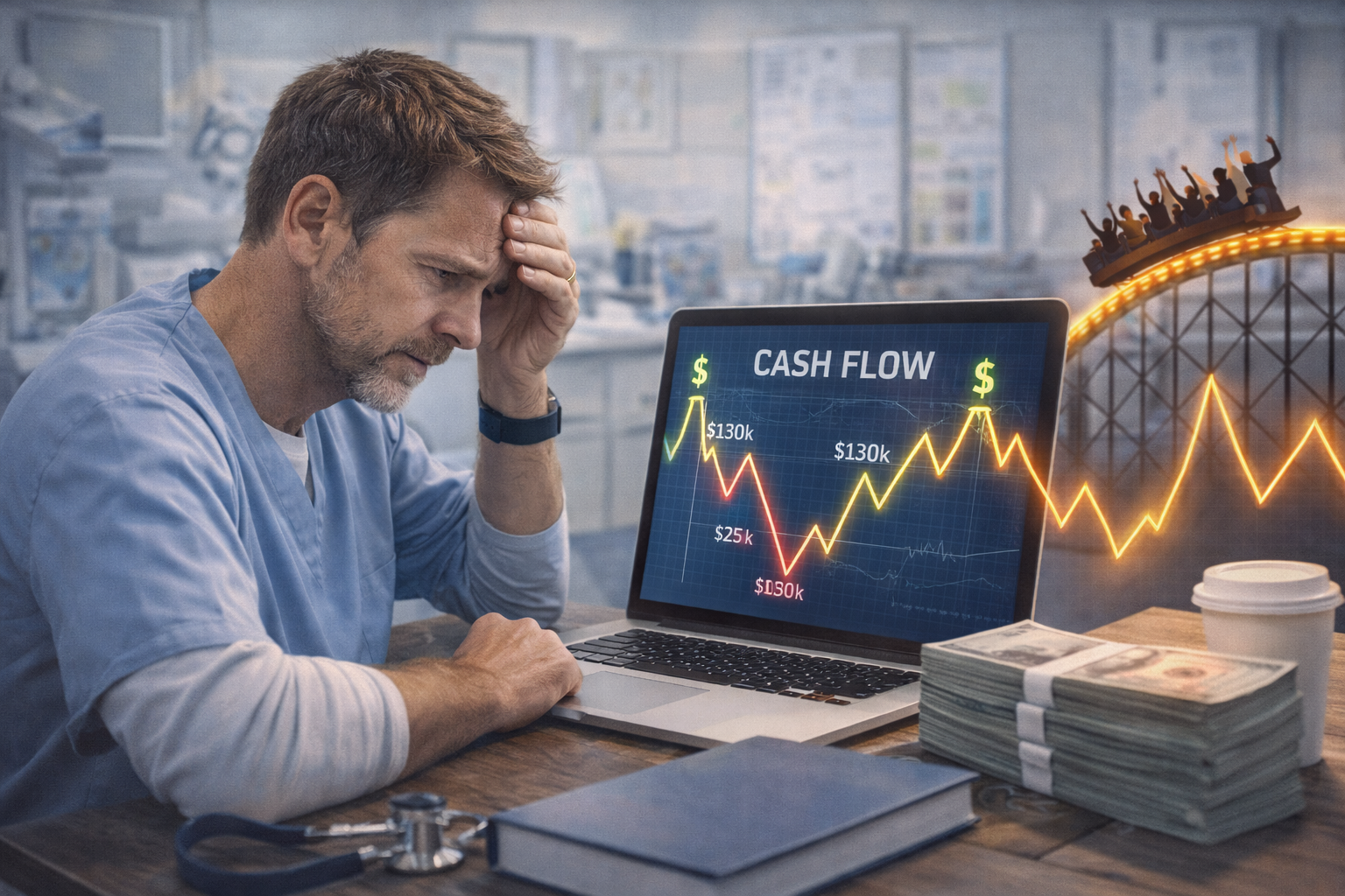 Dentist reviewing practice cash flow fluctuations and financial planning on a laptop