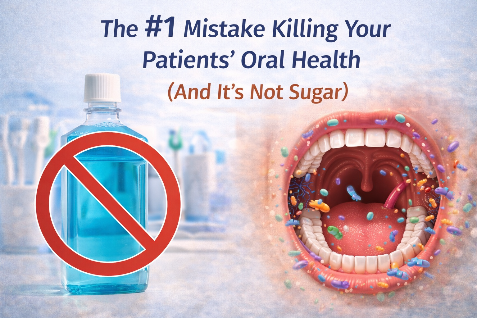 Illustration showing oral microbiome imbalance caused by antiseptic mouthwash rather than sugar