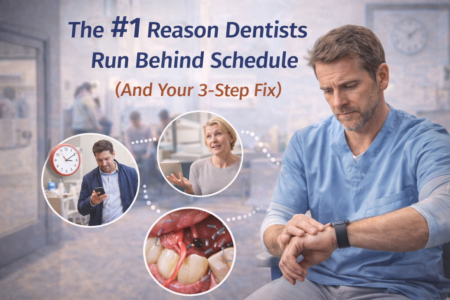 Dentist checking watch while running behind schedule in a busy dental office