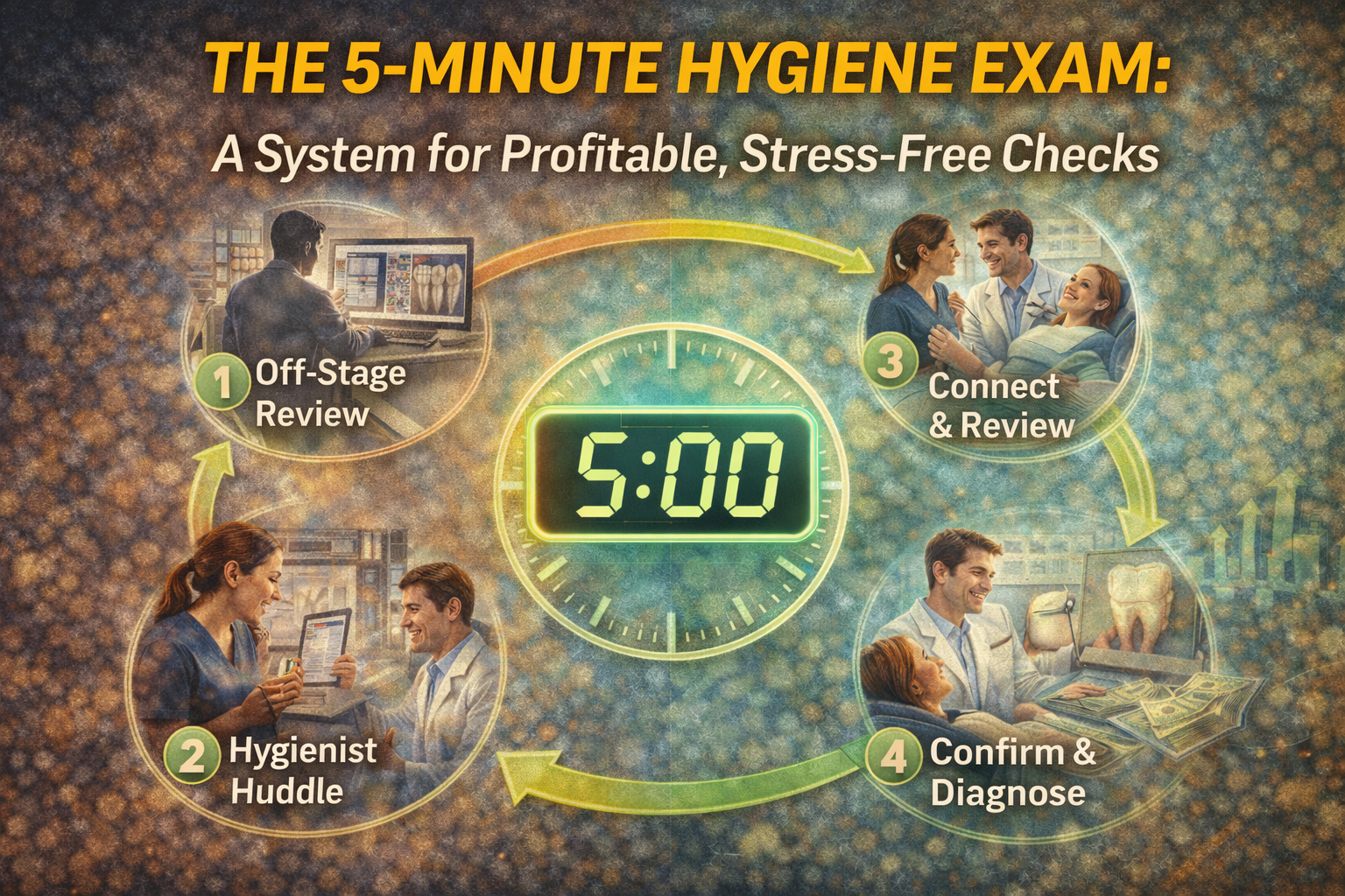 Diagram-style illustration showing a five-step, 5-minute dental hygiene exam system with a central timer and coordinated dentist–hygienist workflow for efficient, stress-free checks