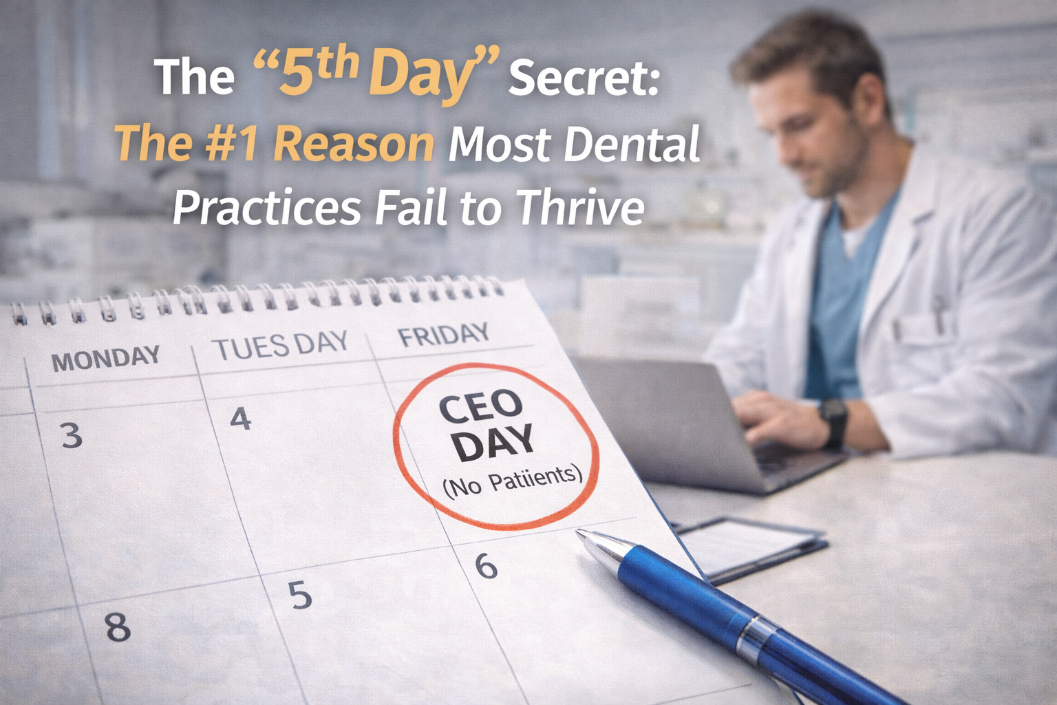 Dentist reviewing a calendar marked CEO Day, representing strategic leadership time for dental practice owners