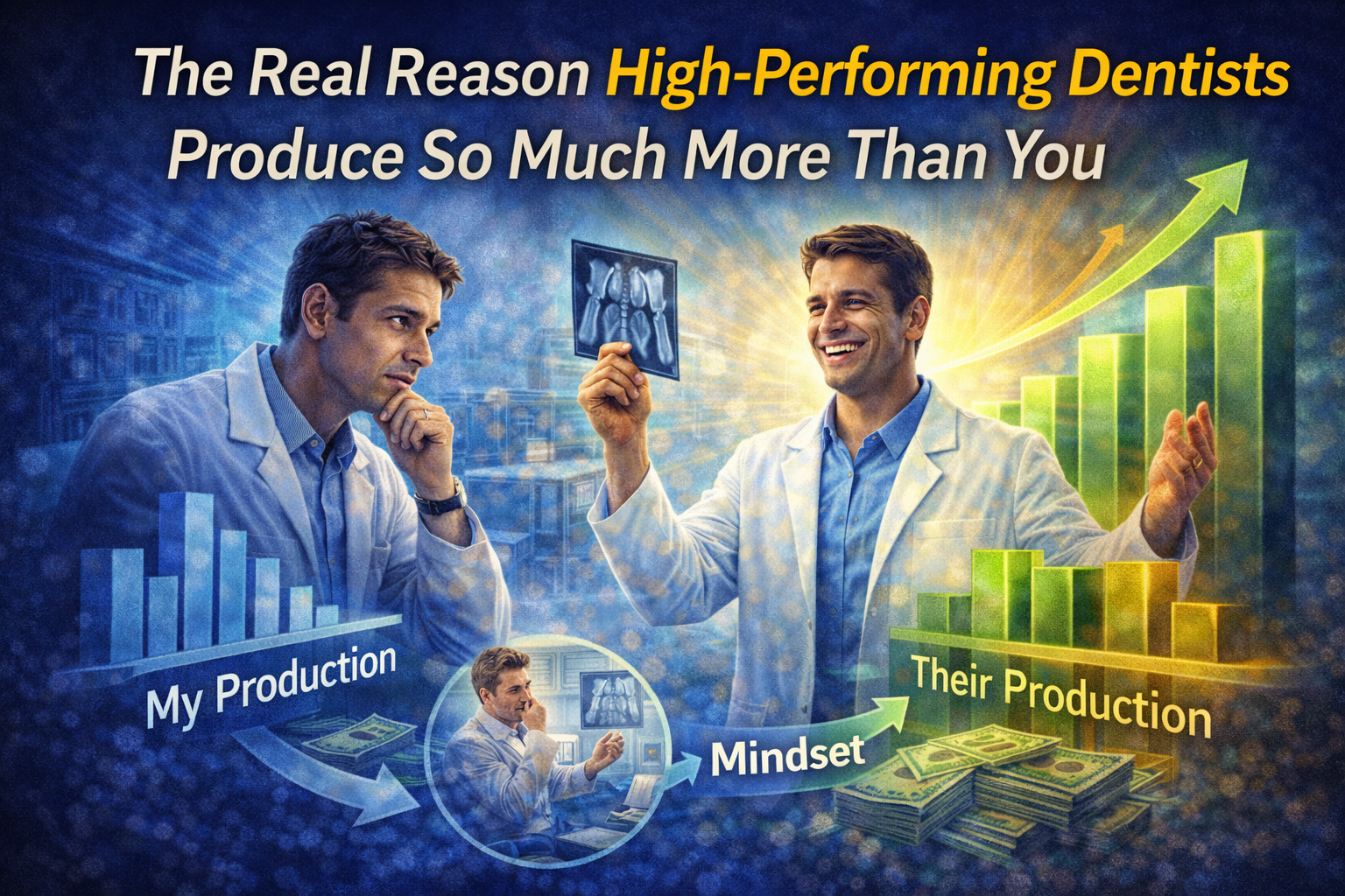 Illustration comparing two dentists with different production outcomes, showing how mindset drives higher dental production, profitability, and performance