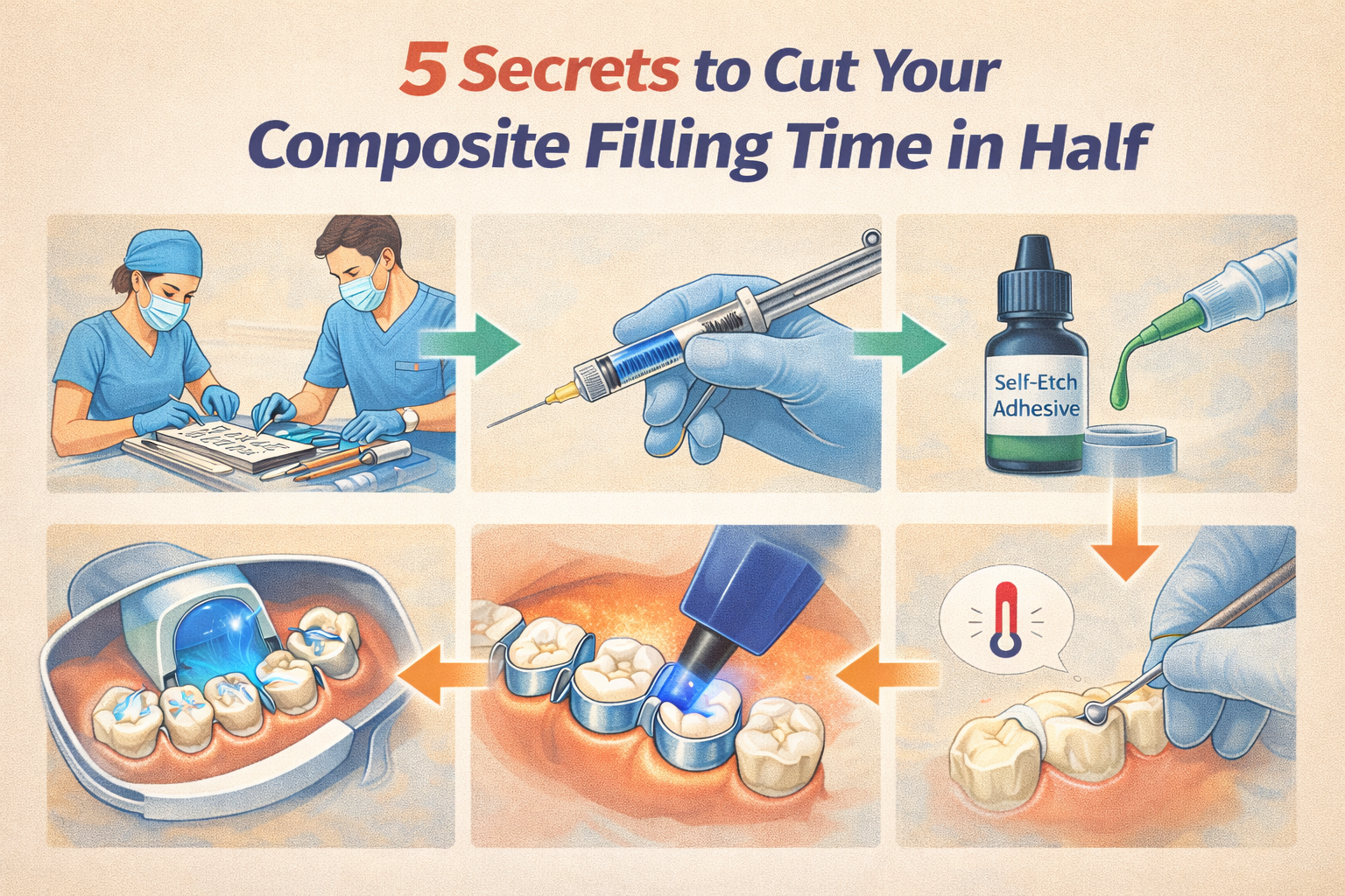 Illustration showing efficient workflow techniques to reduce composite filling time in dentistry