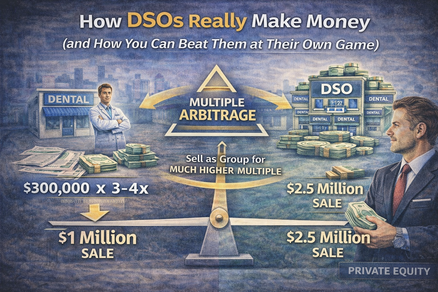 Diagram explaining how dental service organizations profit through EBITDA multiple arbitrage