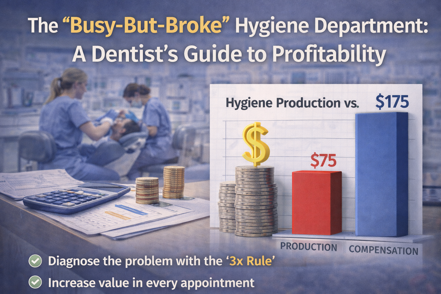 Busy dental hygiene department that appears full but underperforming financially, illustrating how dentists can improve hygiene profitability