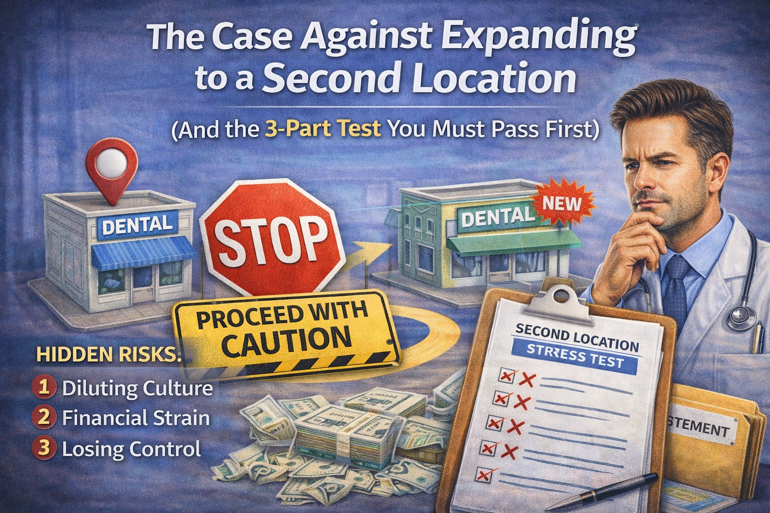 Dentist evaluating the risks of opening a second dental practice location