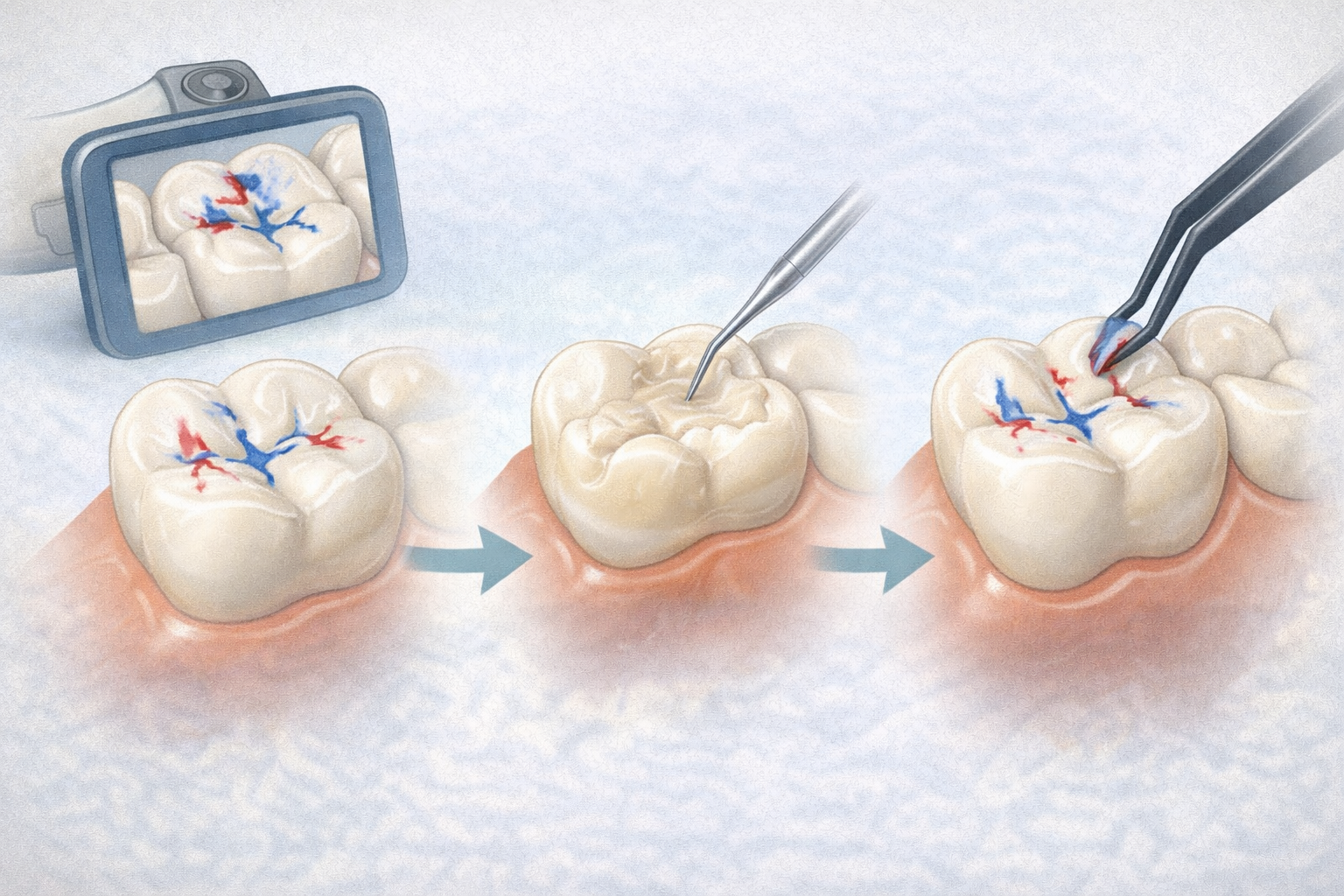 Three-step dental occlusion workflow showing pre-operative bite analysis, composite shaping, and final occlusal verification