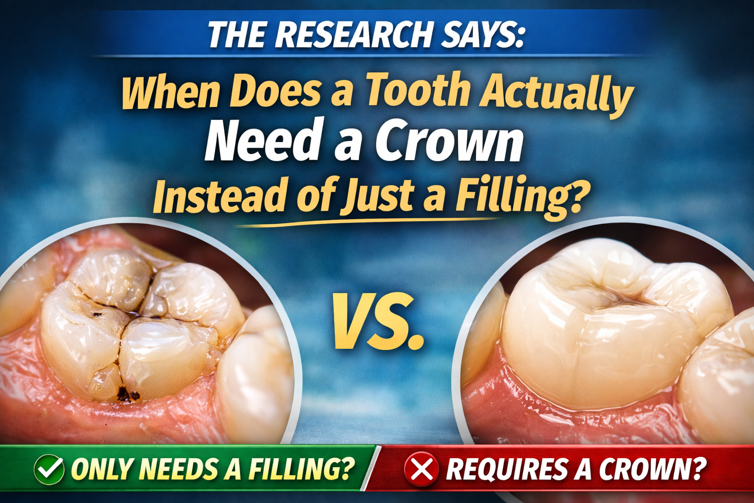 Evidence-based comparison showing when a dental crown is indicated instead of a filling based on tooth structure and fracture risk