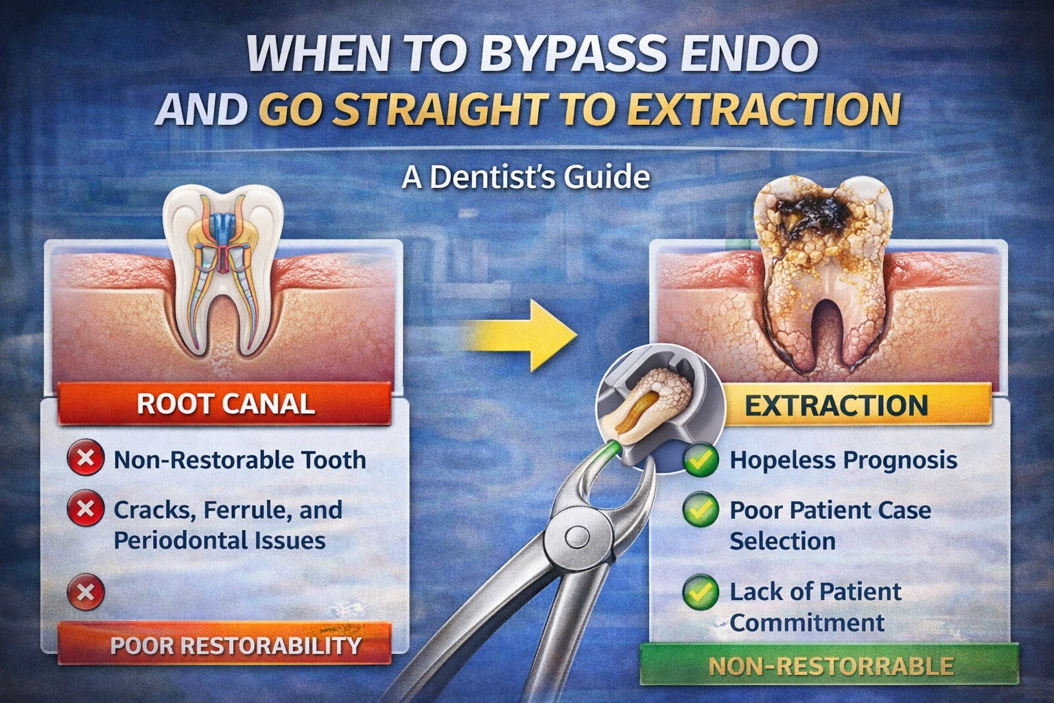 Dental decision guide showing when extraction is preferable to root canal treatment