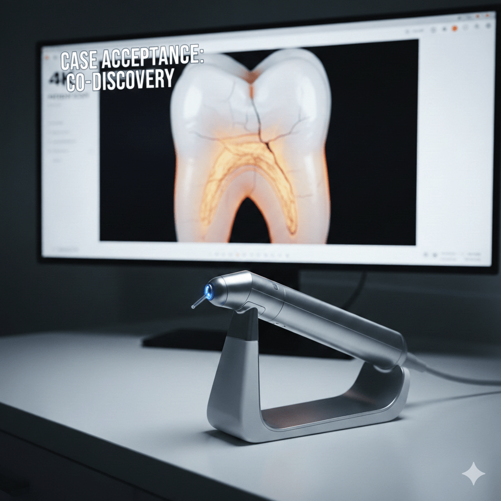 A high-end dental intraoral camera displaying a cracked tooth on a professional clinical monitor for patient co-discovery.