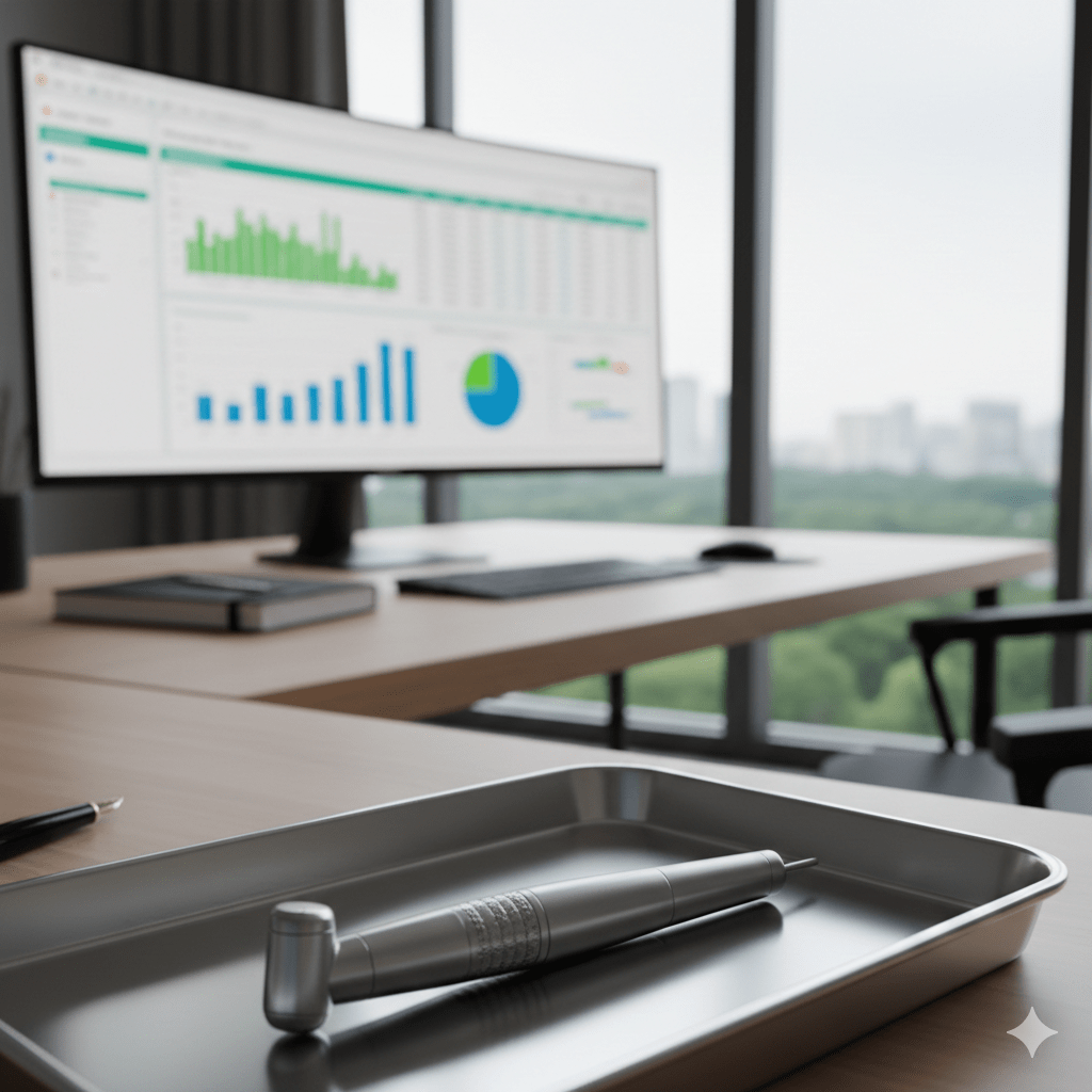 Professional dental office manager discussing profitability reports with a dentist in a modern clinical setting.